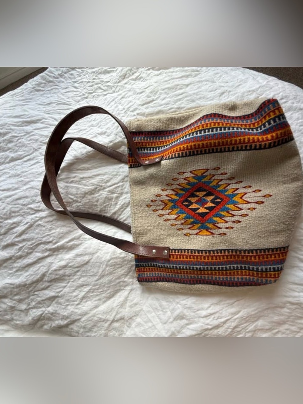 Handwoven Aztec-Pattern Tote Bag with Leather Straps from Chiapas, Mexico